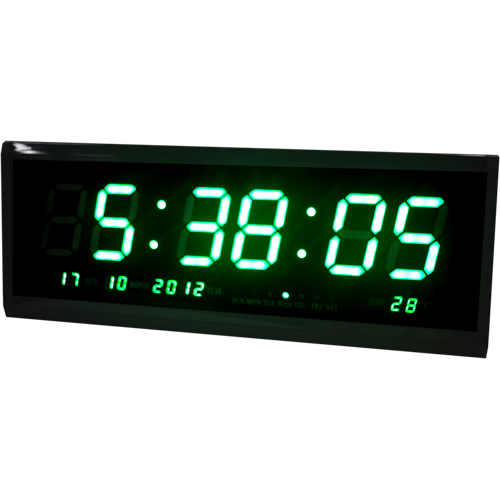 Электронные часы-табло размером 48х19 см (ЧЧ, ММ, СС + календарь, термометр), зеленый цвет