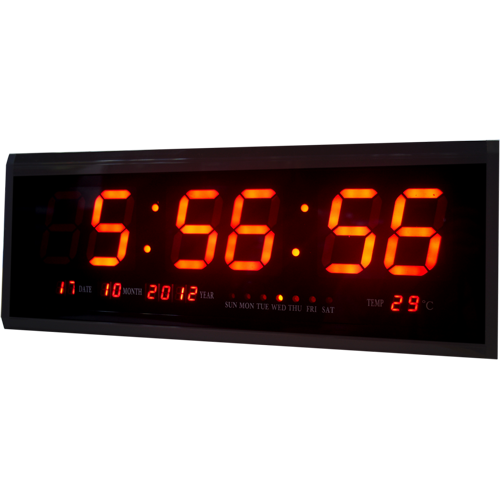 Электронные часы-табло размером 48х19 см (ЧЧ, ММ, СС + календарь, термометр), красный цвет